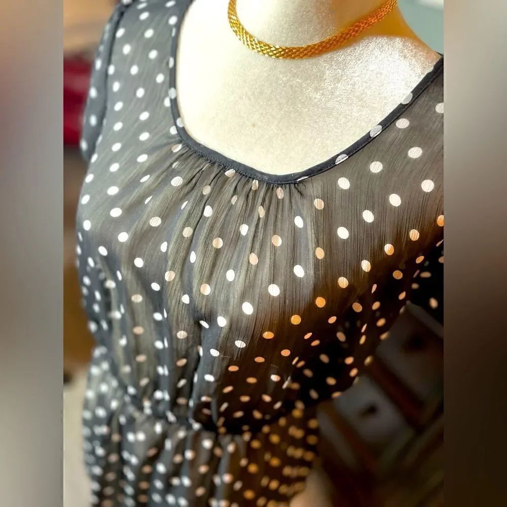 Sheer Black Polka Dot Blouse Lace Inset Accentuated Waistline Ruffle Sleeve Jr L